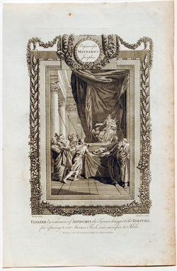 Eleazer by command of Antiochus the Tyrant dragged to the Torture for refusing to eat Swine's Flesh, and sacrifice to Idols